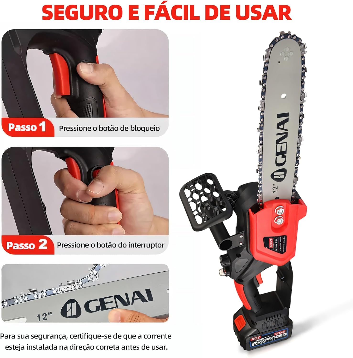 Image showing the safety steps for operating the chainsaw: Step 1, press the safety lock button; Step 2, press the power switch. Also shows a close-up of the chain and guide bar, emphasizing correct chain direction.