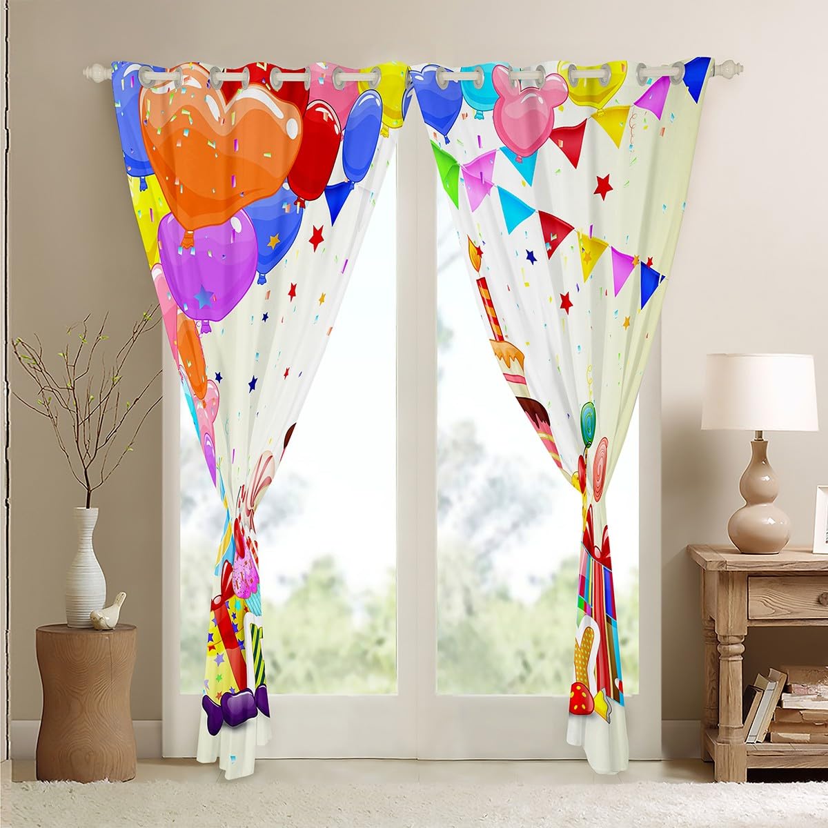 Zasłony tematyczne Happy Birthday do sypialni salonu dziewczyny dzieci szer. 46 x dł. 54 nadruk balonowy 30%-50% zasłony zaciemniające ciasto kolorowe zasłony okienne białe dekoracje okienne