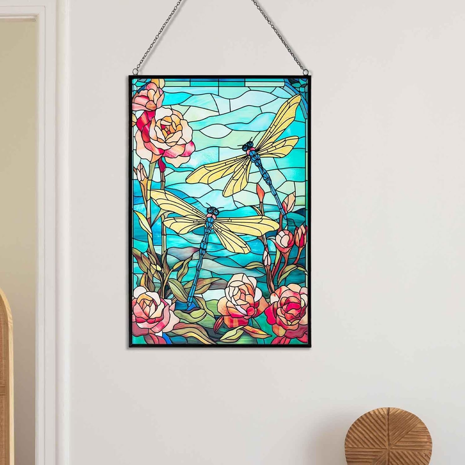 Stained Glass Window Hanging, Dragonfly Suncatchers for Windows Hanging, Handcrafted Sun Catchers Indoor Window Panel for Home Decor, Gift for Mom, Wife, Friends, Rectangular W10 xH15