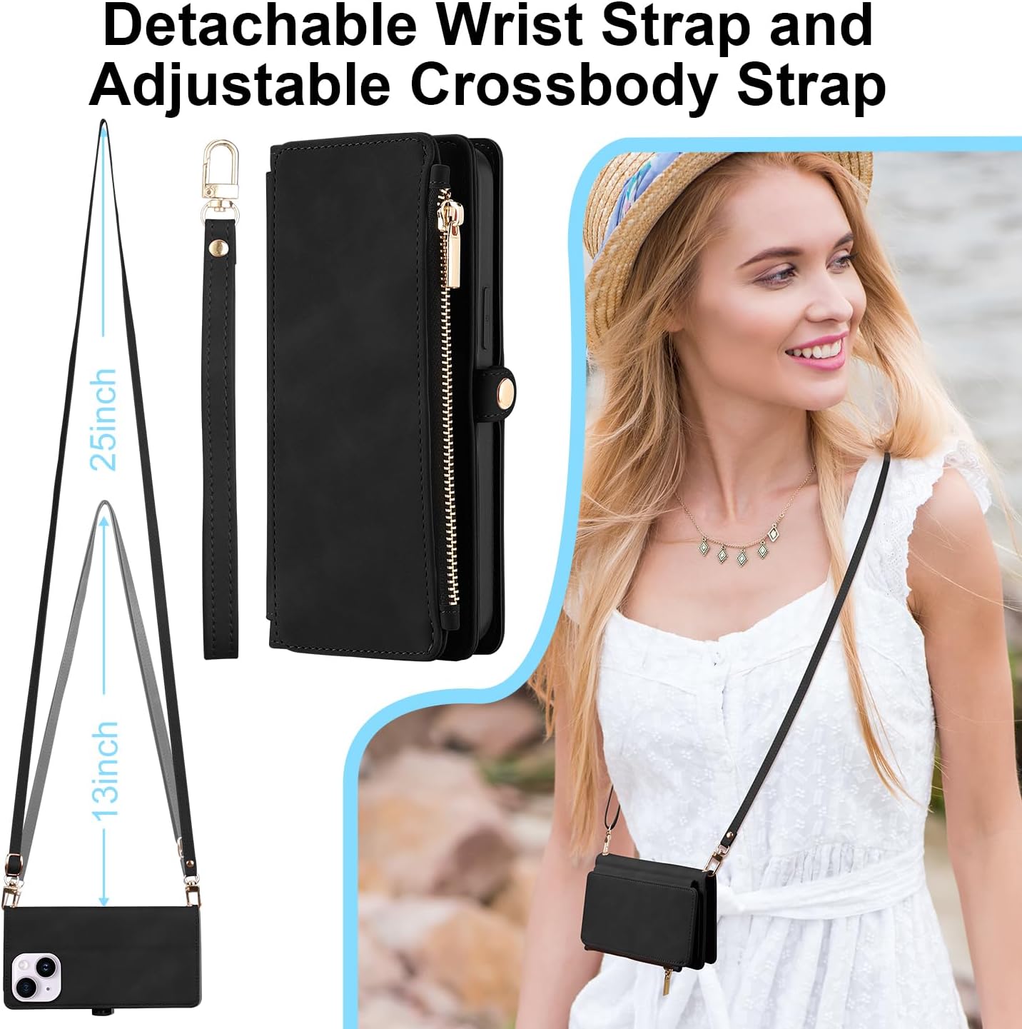 ELESNOW Wallet Case for iPhone 15 Case for Women Men, PU Leather with Card Holder Wrist Strap Crossbody Stand Magnetic Closure Flip Phone Case Cover for Apple iPhone 15, Black