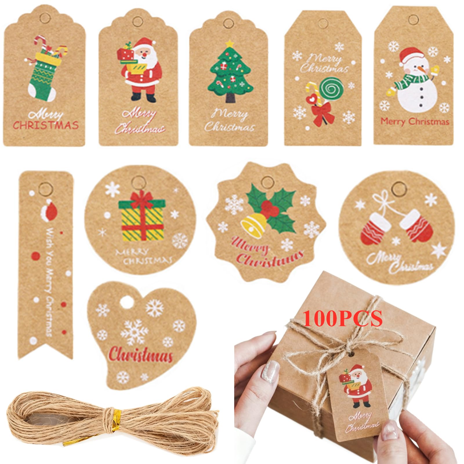 Kvittra Christmas Kraft Paper Gift Tags with String, 100 Pcs Holiday Tags for Christmas Presents, Kraft Xmas Label, 10 Unique Designs