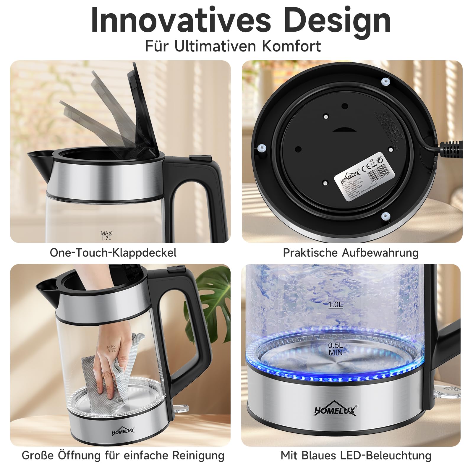Hervidor de cristal 1.7 con ajuste de temperatura, 2200 W Kettle transparente, con base de 360 °, iluminación LED, apagado automático de la corriente y apertura de la tapa, protección contra la