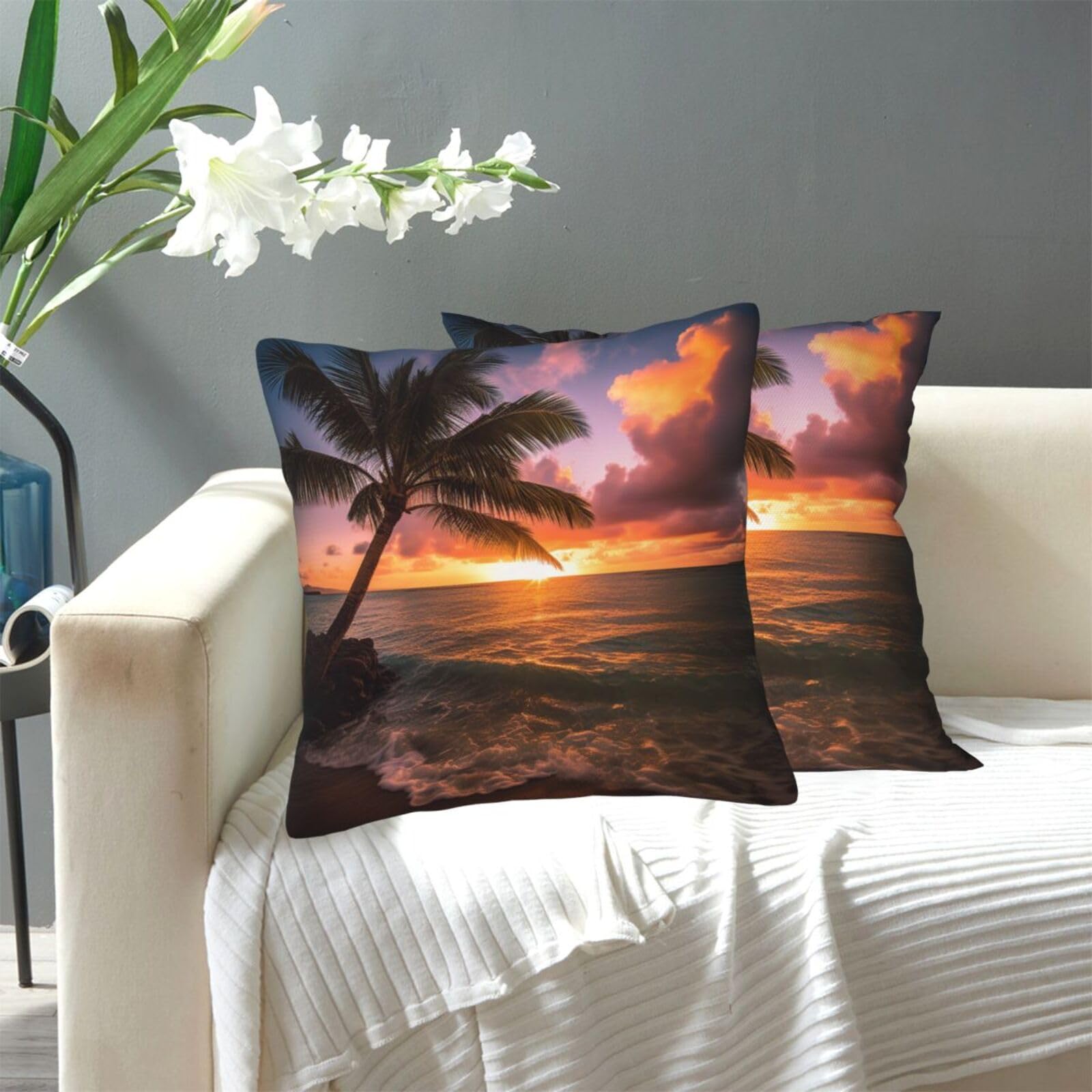 FekiLoot Decorative Throw Pillow Covers Modern Farmhouse Pillowcase Double Sided Cozy Cushion Cover for Sofa Couch Bed 12"X12" Palm Tree Sunset Beach
