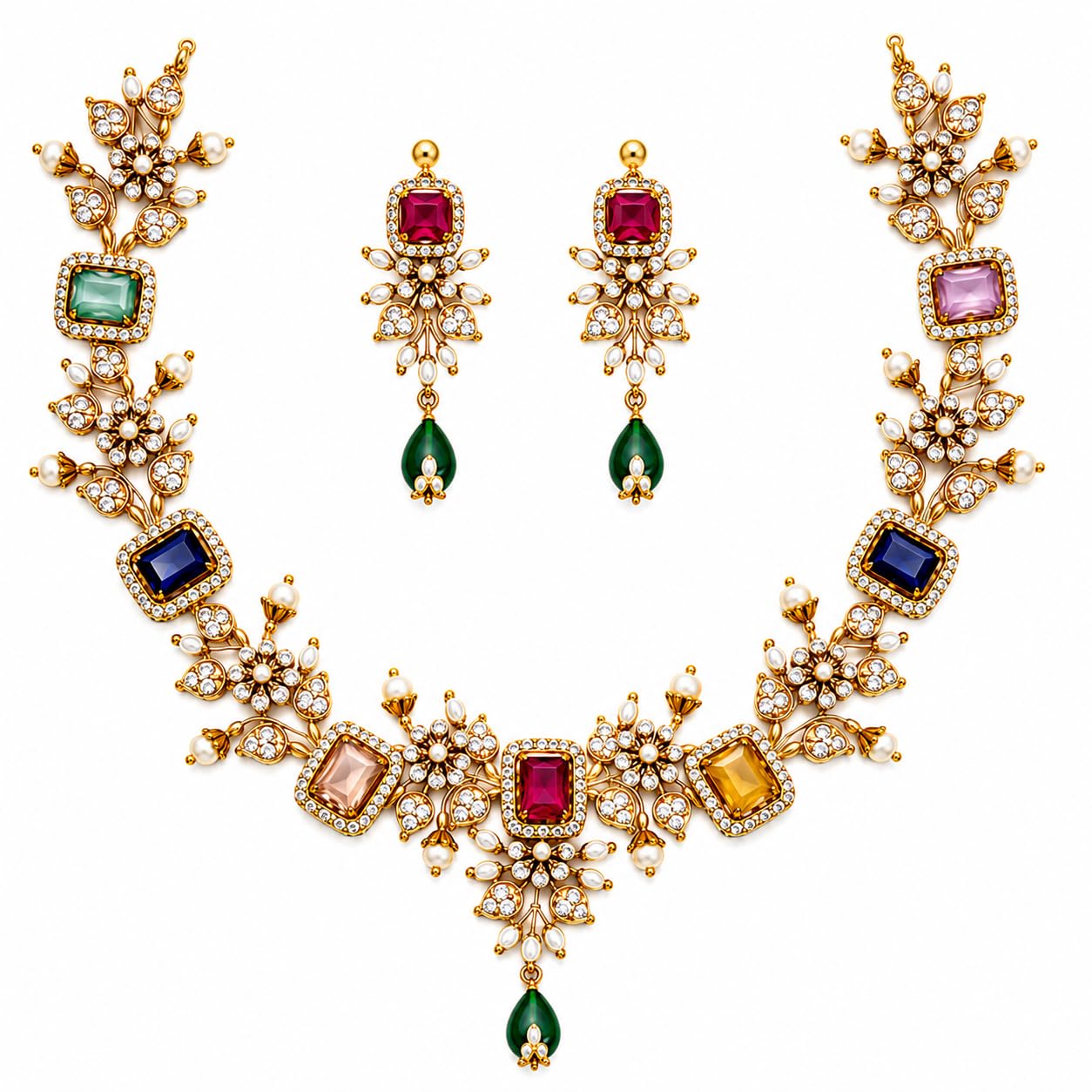 Traditional Gold Plated Multicolor Stone Necklace Set for Women | Pearl Drop Antique Necklace with Earrings | Bridal Wedding & Festive Jewellery-image-39