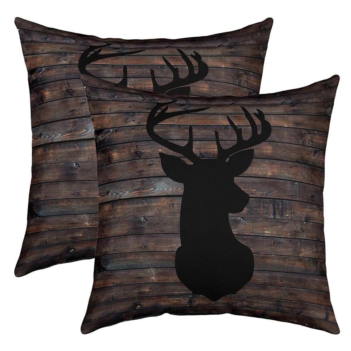 Süßer Hirsch Kissenbezug 2er Set Kissenbezüge Hirsch Jagd Kissenbezüge 45x45cm Fälle Home Dekor Kissenhülle Geweih Western Bauernhaus Schwarz Braun Wild Tier Dekokissen für Couch Sofa im Freien