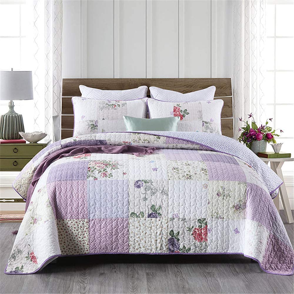 Colcha Patchwork para Cama 150 O 180, Edredón Morado Algodon, Patchwork Reversible para Matrimonio Verano King Size,
