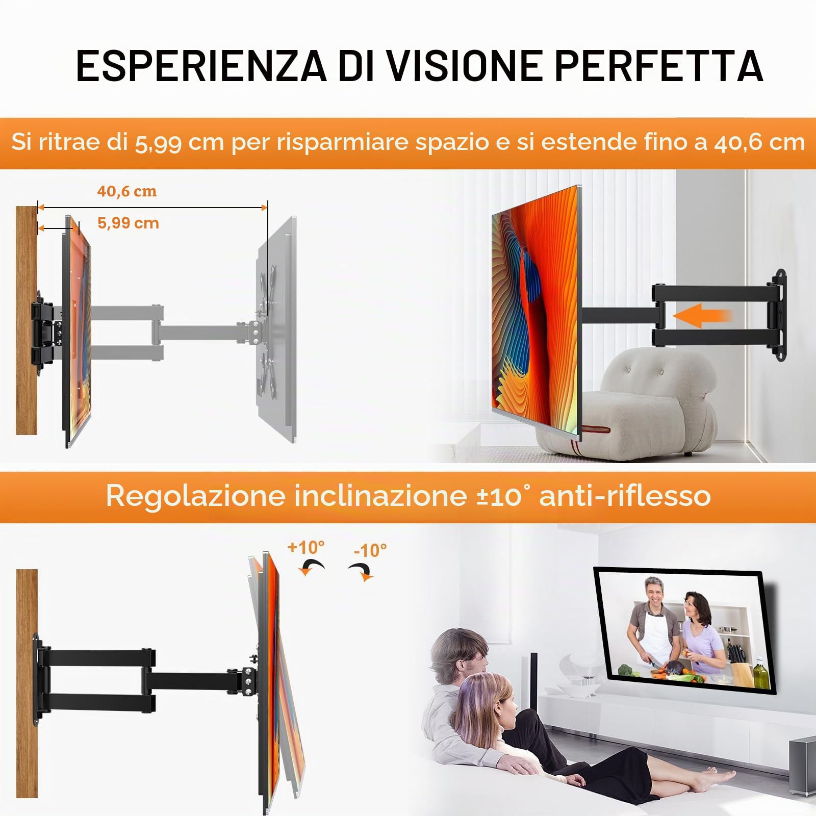 XINLEI Supporto TV da Parete Girevole, Staffa TV con Braccio Orientabile & Estendibile, Inclinazione e Rotazione per Schermi LED/LCD/Plasma 13-42 Pollici, Portata Max 20 kg