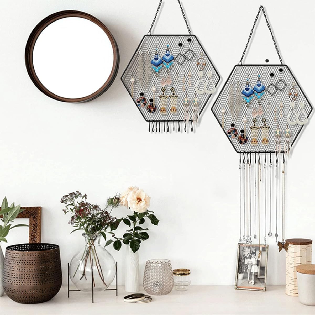 SEWACC Metal Hexagon Jewelry Display Rack, Black Iron Earring and Necklace Organizer, Wall-mounted Hanging Jewelry Holder for Home Decoration