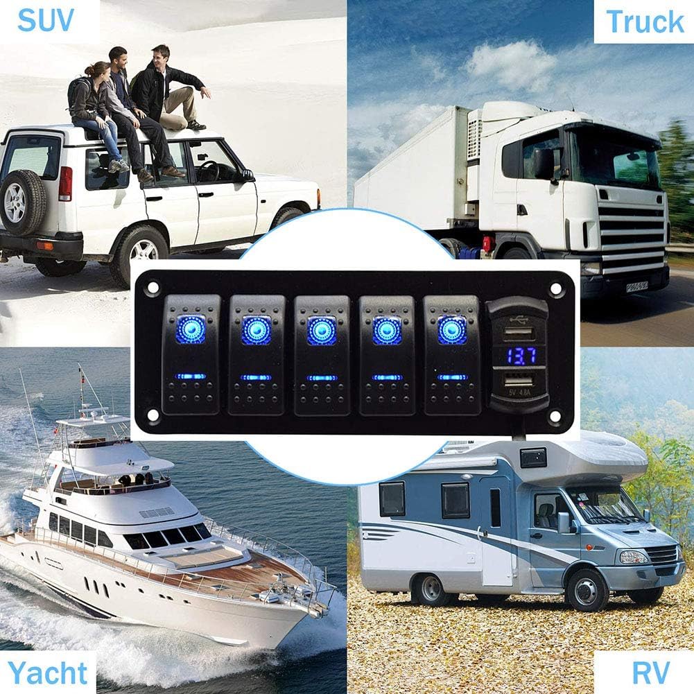 5 Gang Rocker Switch Aluminum Panel with 4.8 Amps Dual USB Rocker Style Fast Charger with Voltmeter Blue Backlit Led Pre-Wired for Marine Boat RV Truck (Blue)