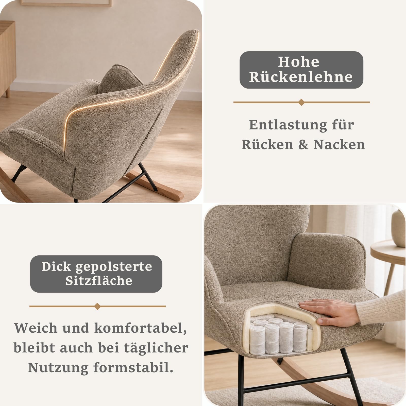 Ohrensessel Leiser Schaukelstuhl mit Armlehnen, Webstoff Sessel, Bequemer Relaxsessel mit Hoher Rückenlehne, Moderner Lesesessel für Wohnzimmer Schlafzimmer Kleine Räume, Sand