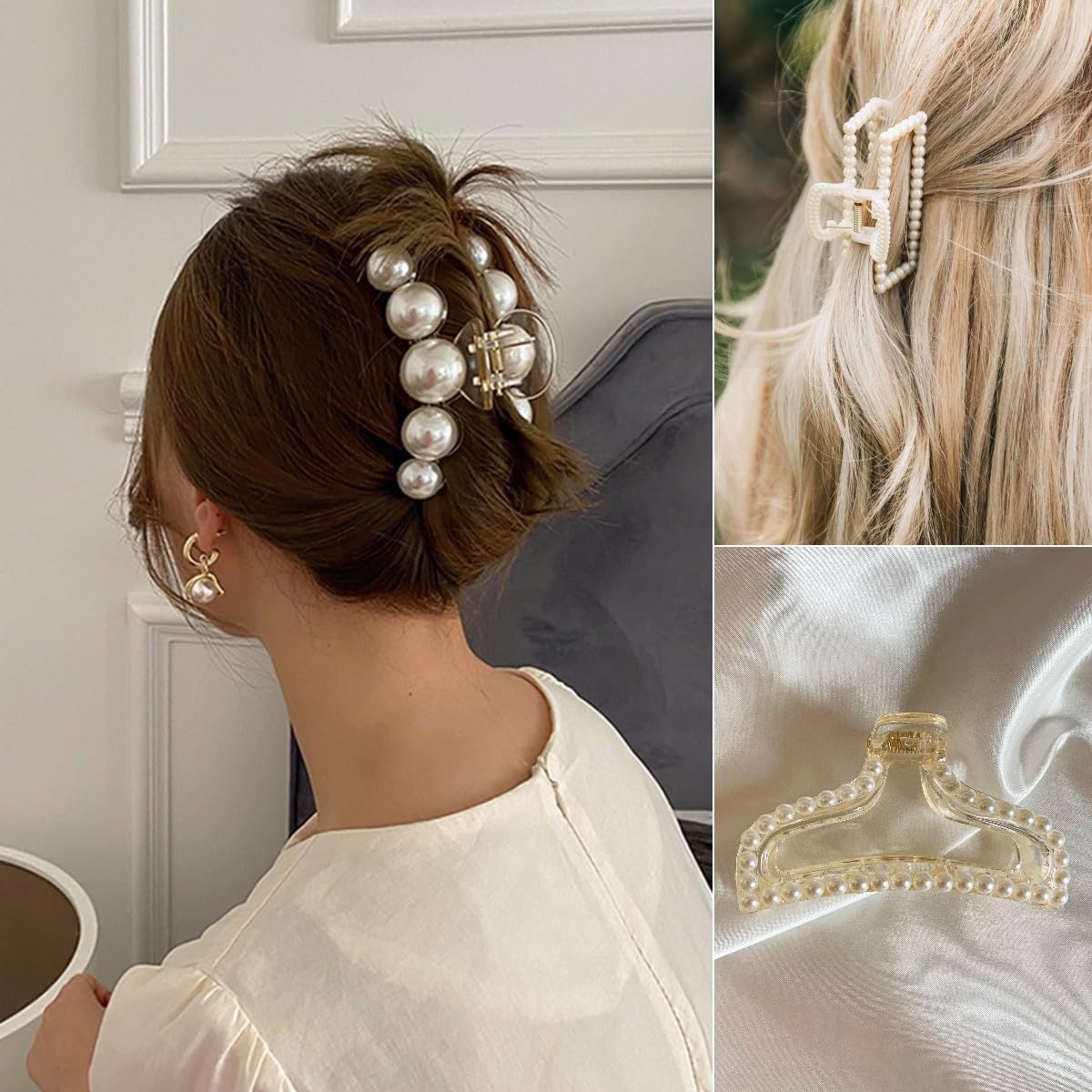 Amazon.com : Leezmark Pearl Hair Claw Clips, Large Barrettes for