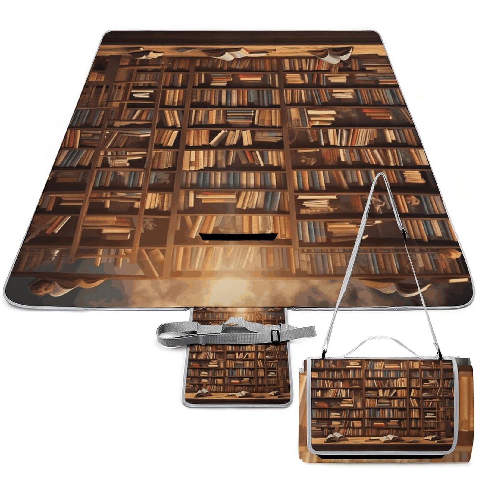Books Beach Blanket Thickened Foldable Camping Mats Soft Lightweight Beach Pad Square Picnic Blankets with Shoulder Strap for Park Grass Patio Hiking