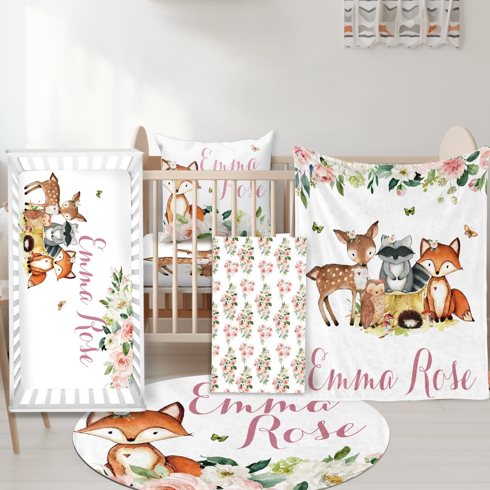 Custom Nursery Crib Bedding Set: Personalized Nursery Decor Baby Blanket Fitted Crib Sheet Changing Pad Cover Baby Room Rug Woodland Animal Fox Pattern Gift Idea(Fixed Size)