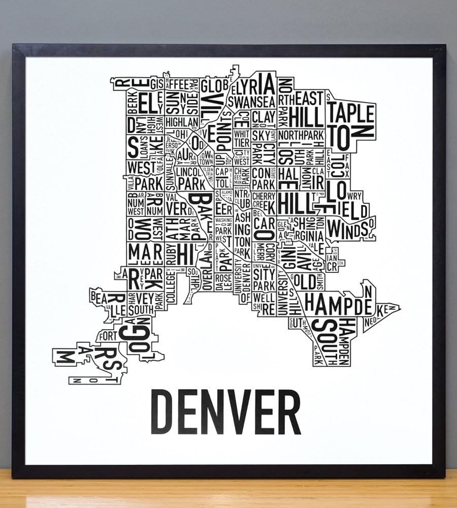 Denver Neighborhoods Map Art Poster, Black & White, 18" x 18"