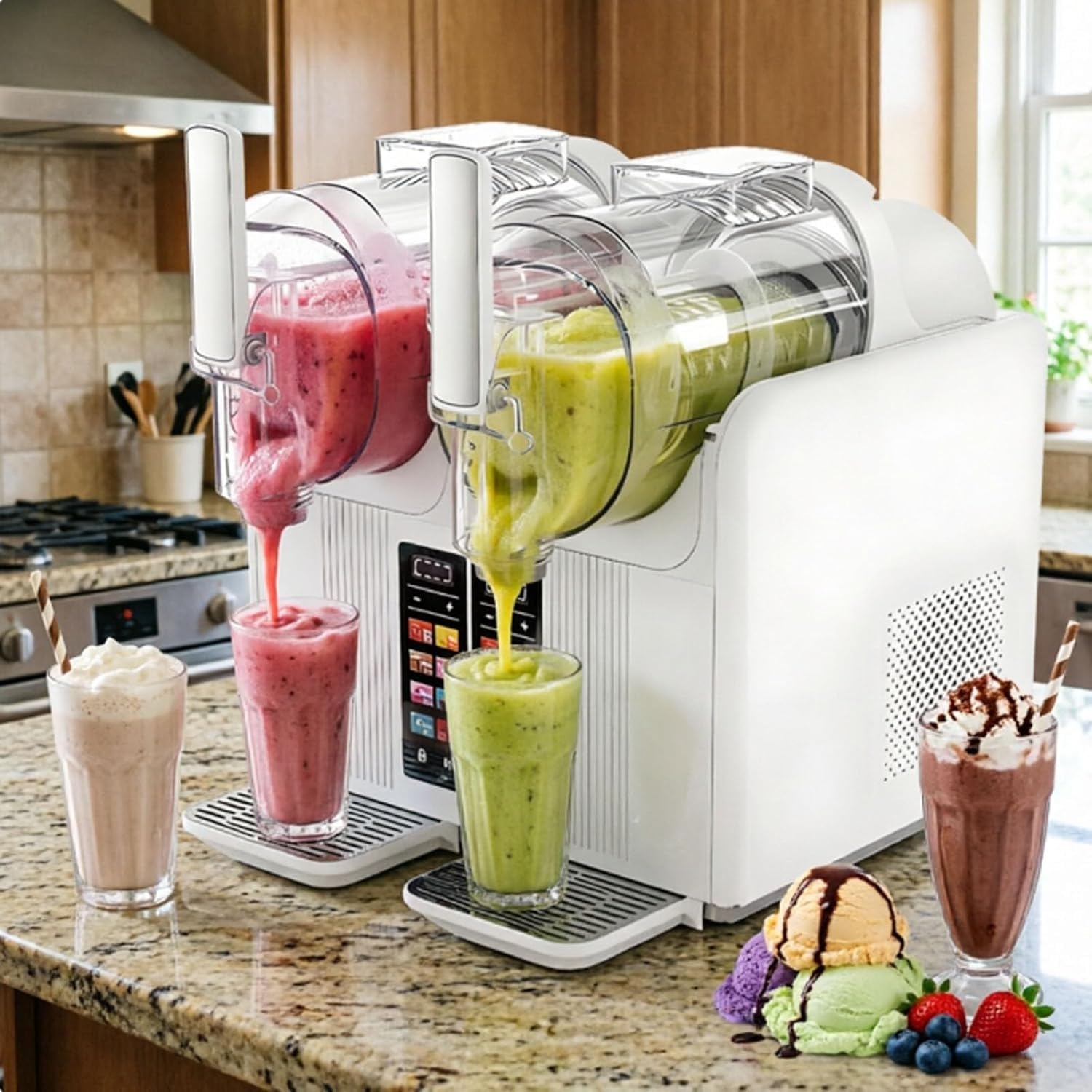 Macchina per granite e gelati, doppia tanica da 2 l, macchina per granite auto-refrigerante con 7 preset e autopulente per frullati, frullati, margarita, 430 W, colore: bianco