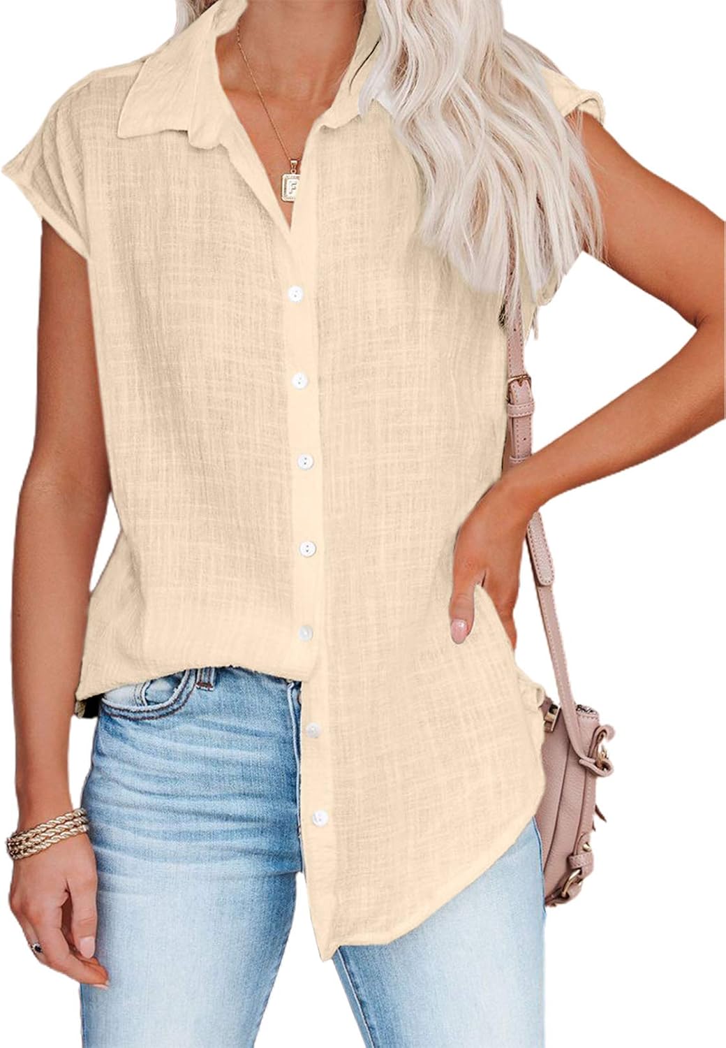 Diukia Women's Summer Cute Ruffle Cap Sleeve Blouse Shirts Casual Button Down V Neck Blouses Tops