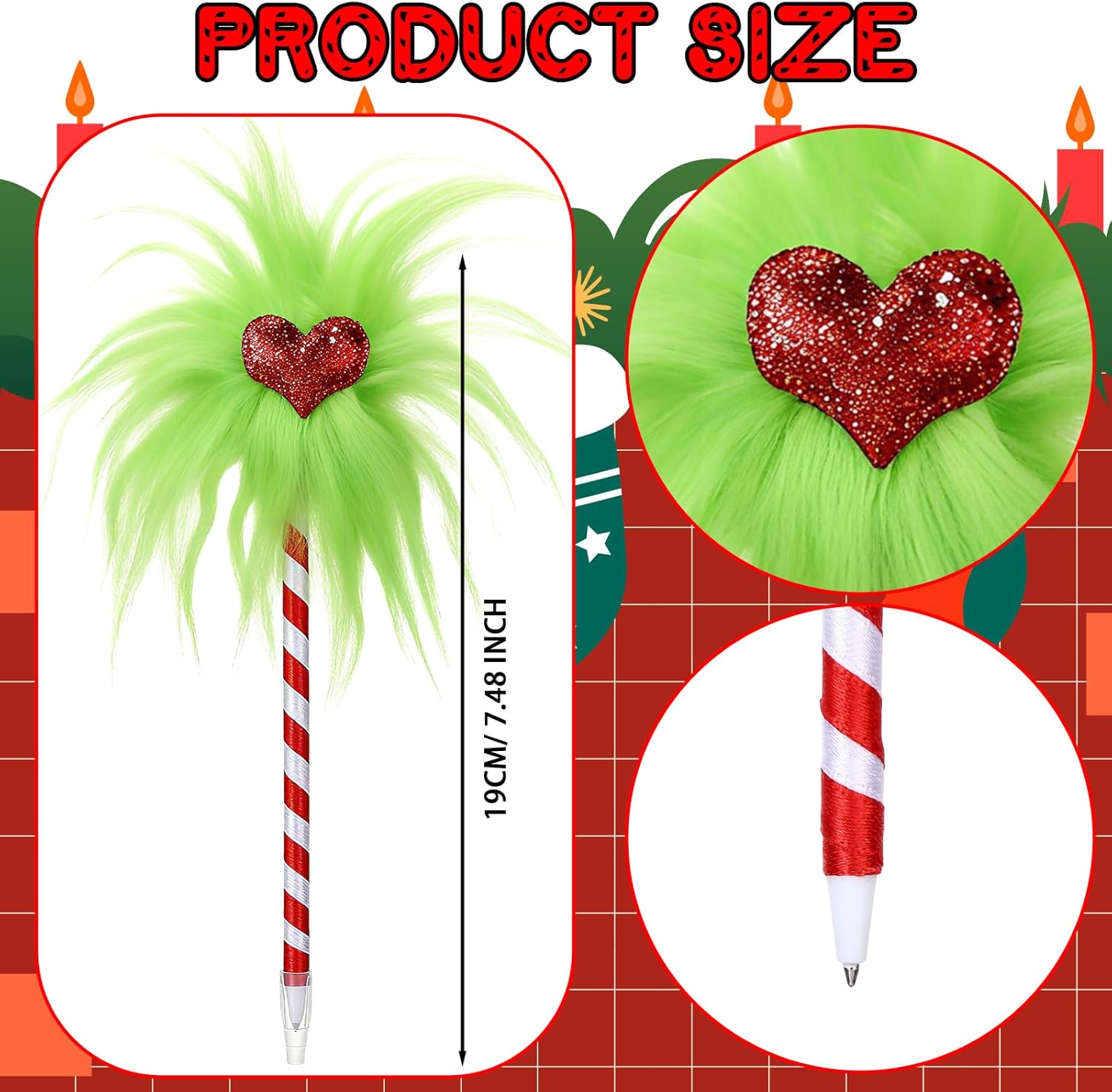 Sabary 24 Pcs Christmas Green Ballpoint Pens Cute Green Furry with Red Heart Pens Fun Novelty Pen Pom Pom Pen for Xmas Holiday Festive Party Favors Gift Students Office