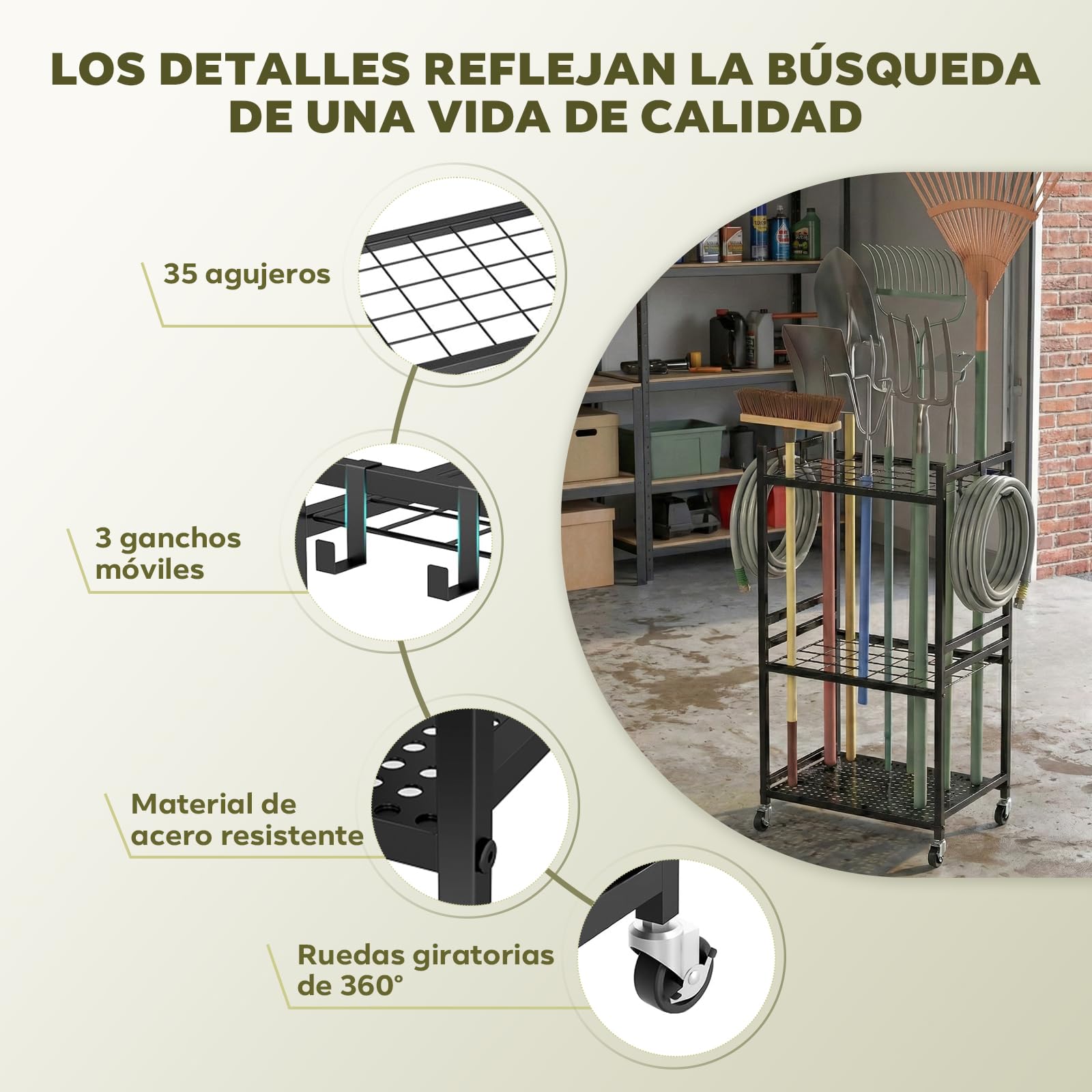 Carro de Almacenamiento 3 Niveles con Ruedas – Estantería Móvil para Herramientas, Jardín, Cocina & Garage, de Metal, Negro