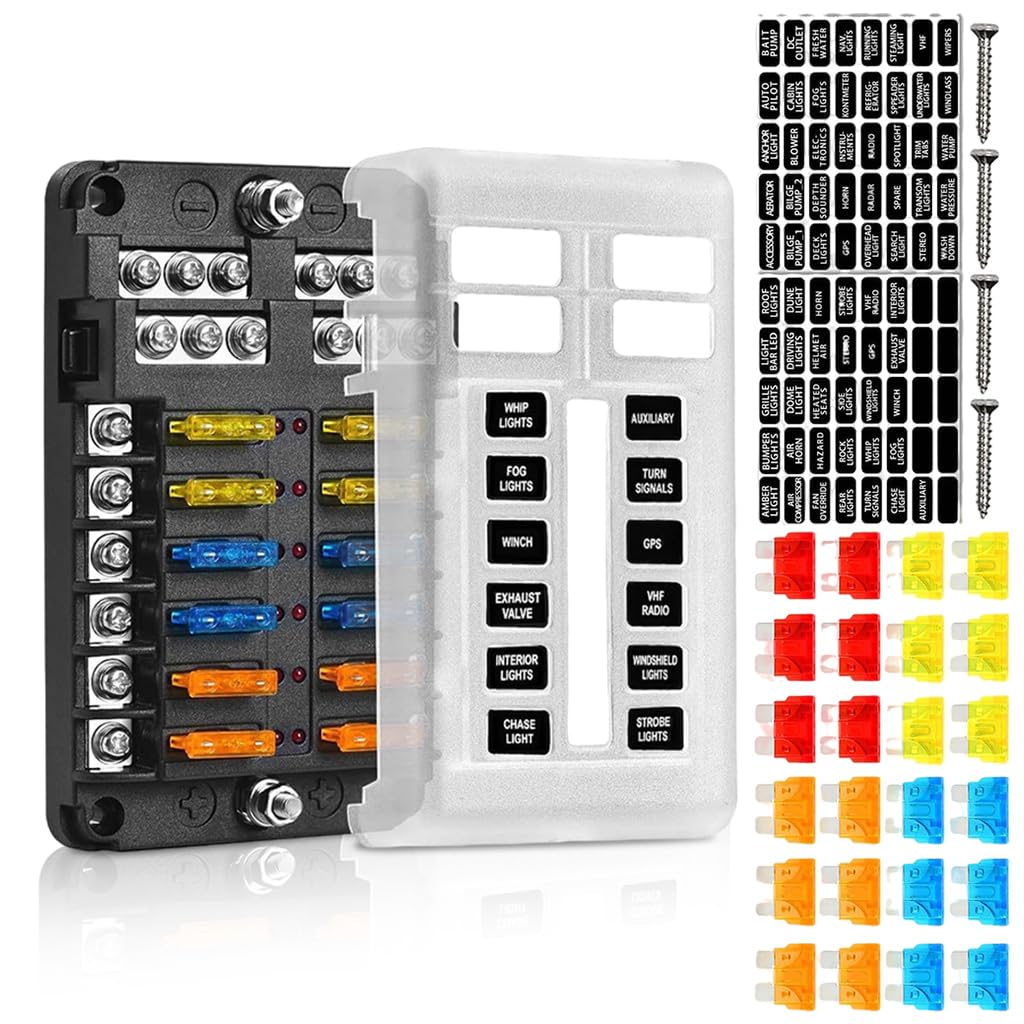 HIRA 12V Car Fuse Box Kit - 12-Way Blade Fuse Block with LED Indicator,Waterproof Compact Design,Universal Holder for Auto Truck Boat (Includes Plastic Cover & Mini Fuses)
