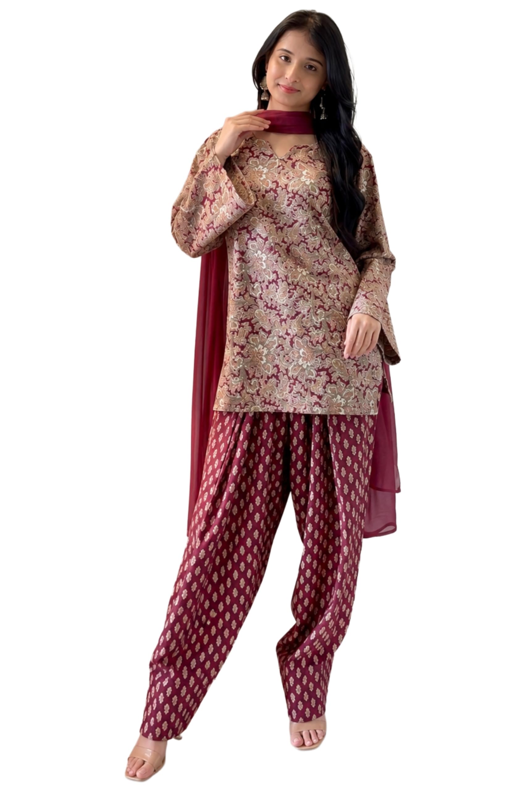 anni designer Farshi Salwar Suit for Women Cotton Printed | Kurta Dupatta Set for Woman | Straight Palazzo Outfit Round Neck V-Slit Long Sleeve Ethnic Dress Stylish Womens Clothing-picture-16