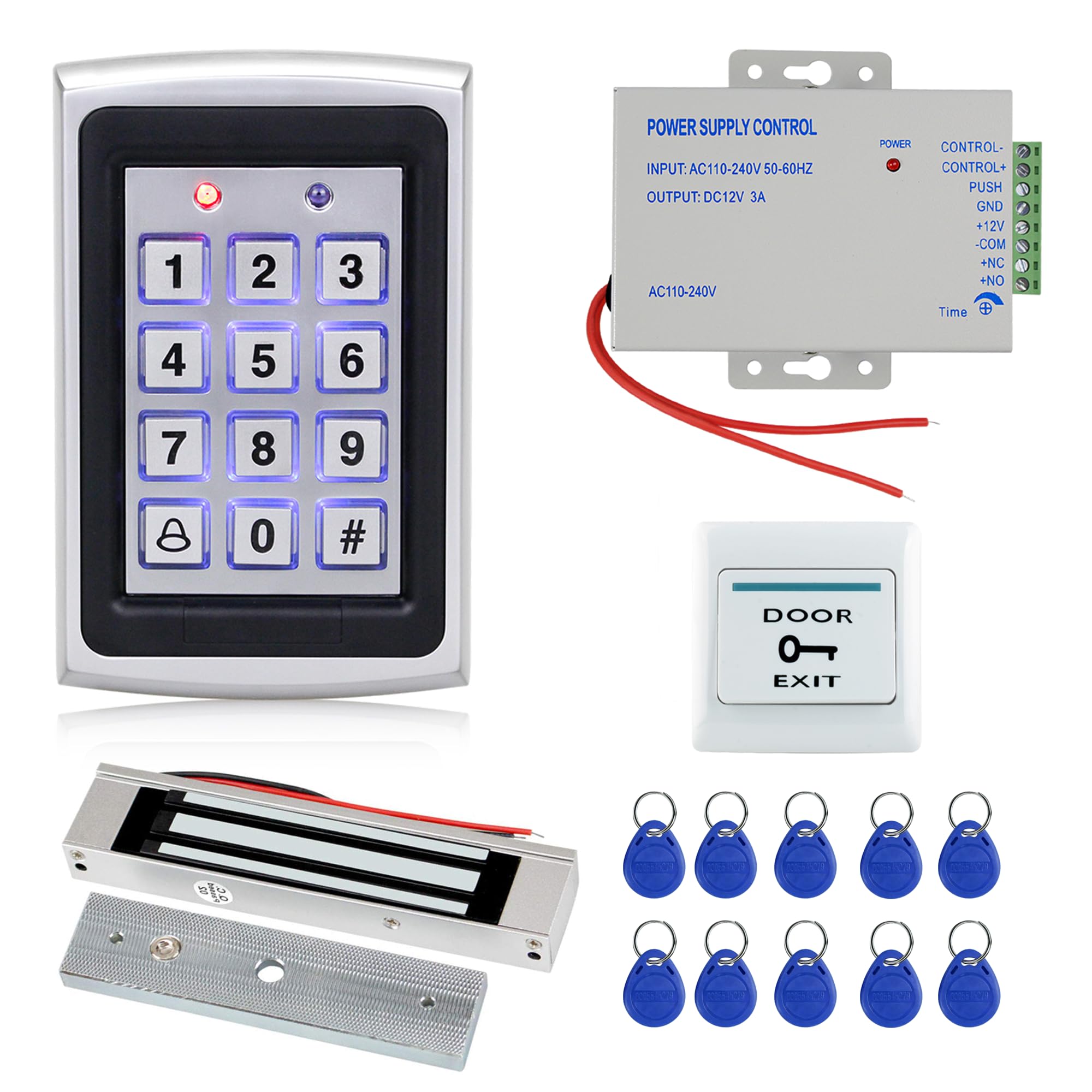 RFID-Tastatur-Zugangskontroll-Set mit 180 kg Magnetschloss | Zinklegierung Indoor Outdoor Exit Button 10 Schlüsselanhänger 12V 3A Netzteil RFID Türzugang Tastatur für Zuhause, Büro, Tor