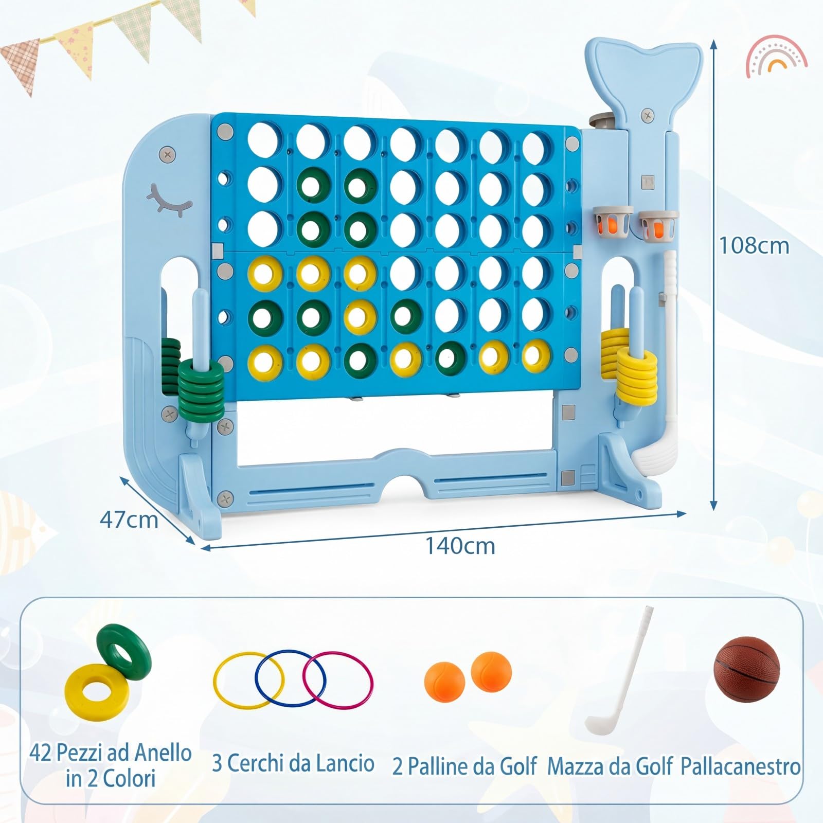COSTWAY Forza 4 Gigante, Gioco 4 in Linea per Bambini con Altezza Regolabile, 42 Pedine, Palla da Basket, 2 Palline da Golf, Mazza da Golf, 3 Anelli e 2 Portabicchieri (Azzurro)
