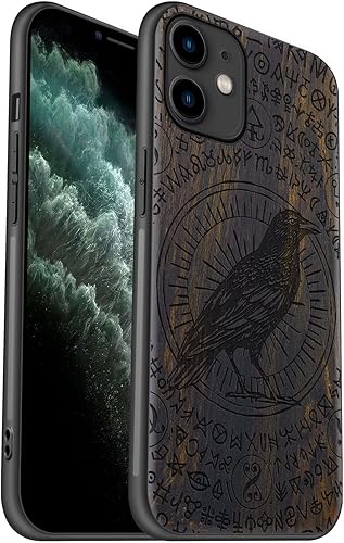 Carveit Funda de madera para iPhone 11 madera natural y TPU suave negro a prueba de golpes, protector único de madera para teléfono compatible con