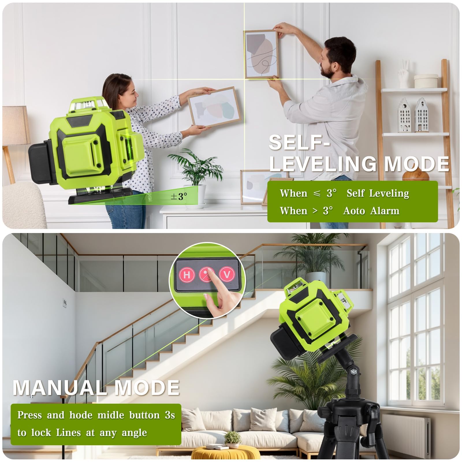 STANEW Nivel Láser Autonivelante 360 Grados, Nivel Láser Verde 16 Líneas, 2 x 360 Horizontal y 2 x 360 Verticales, 2 x Batería, Montaje en Pared, Control Remoto, Base Magnética,Incluye Trípode