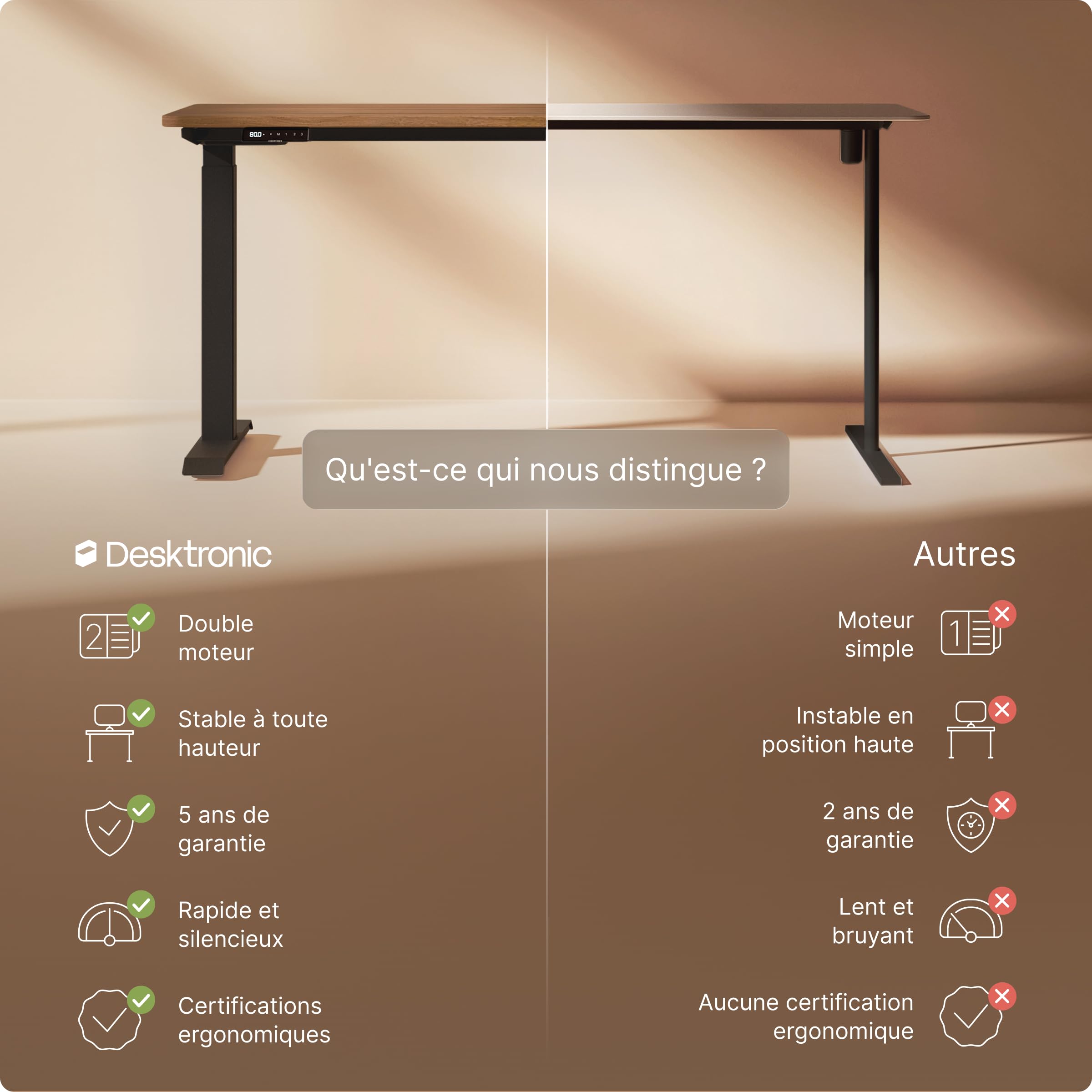 Desktronic Bureau Assis Debout Électrique 160x80cm - Bureau Réglable en Hauteur à Moteurs Électriques Doubles - Commande Tactile - USB - Mémoire - Plateau Bois Européen - Table Assis-Debout