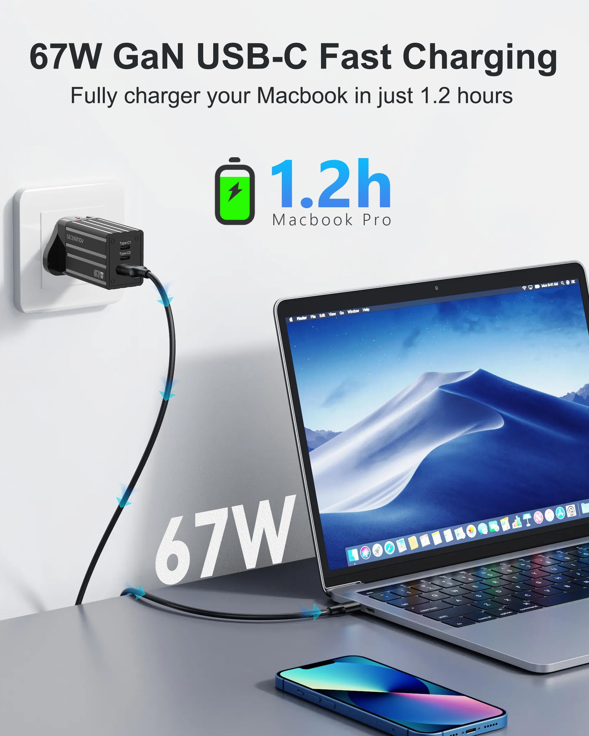 67W USB C Charger, 65W USB C Fast Travel Charger with EU UK US Plug, PD3.0 Charge Power Supply, PPS Adapter Compatible with MacBook Pro Air, iPad, iPhone 16 Pro/15, Galaxy S24, Pixel, Steam Deck