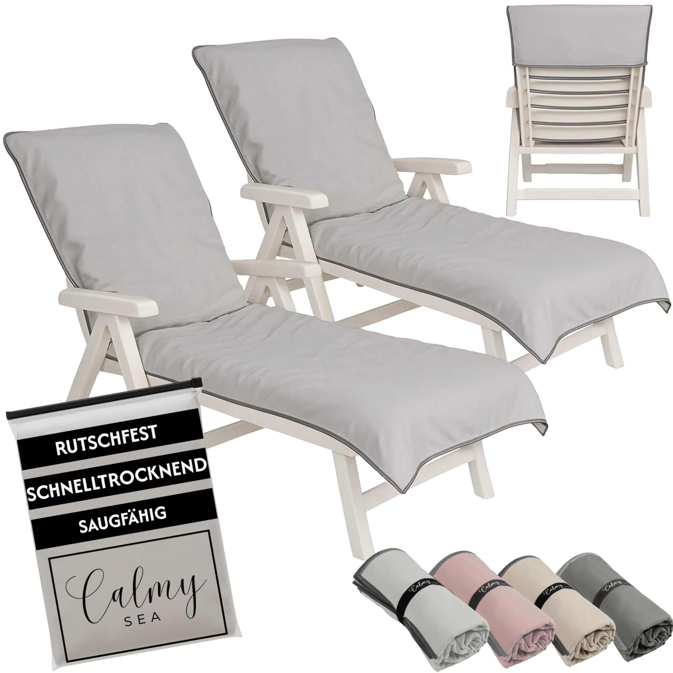 CalmySEA Set of 2 Sun Lounger Towels - 200 x 75 cm - With Hood - Made of Microfiber - Lightweight - For Garden Sun Lounger - With Cover - Beach Sun Lounger Cover (Gray)