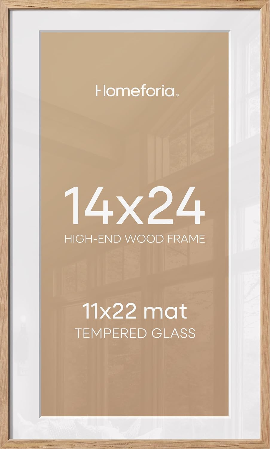 Homeforia 14x24 Picture Frame Natural Wood, High End Oak 14x24 Light Wooden Poster Frame with Mat 11x22, 14 x 24 Frames Matted to 11 x 22 Photo, 24x14 Hanging Frame, Tempered Glass, Wall Kit, Set of 1