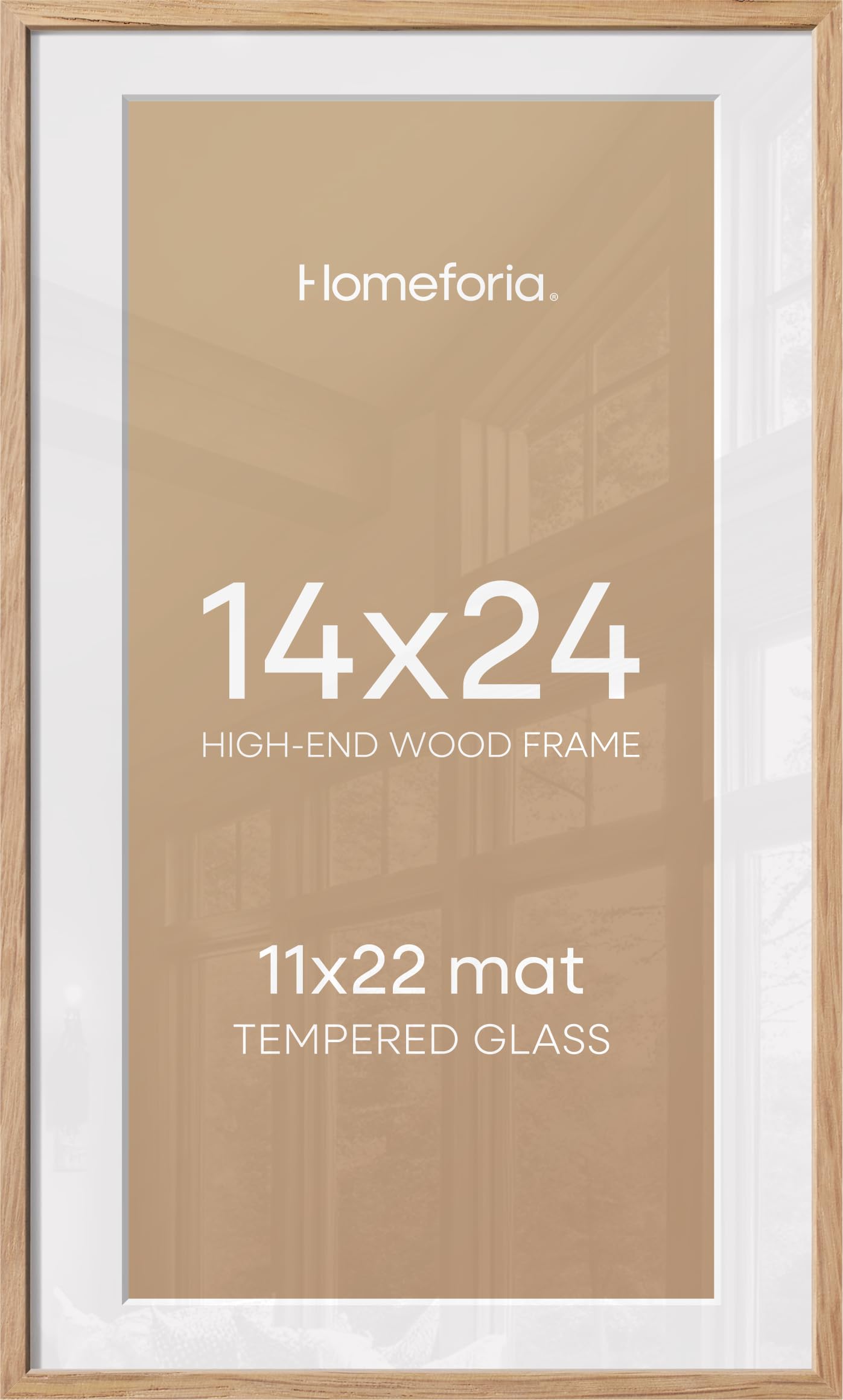 Homeforia 14x24 Natural Oak Picture Frame, High-End Wood, 11x22 Mat, Glass | High End Solid Oak Wood, Tempered Glass, Acid-Free 11x22 Removable Mat, 14x24 Edge-to-Edge Display 24x14, Wall Kit, Set Of 1