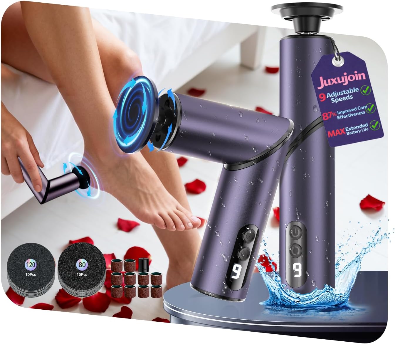 Juxujoin 5-in-1 Electric Callus Remover - Pro Rechargeable Foot File Kit, 99.92% Removal in 3 Mins, Safe for All Skin Types, Purple