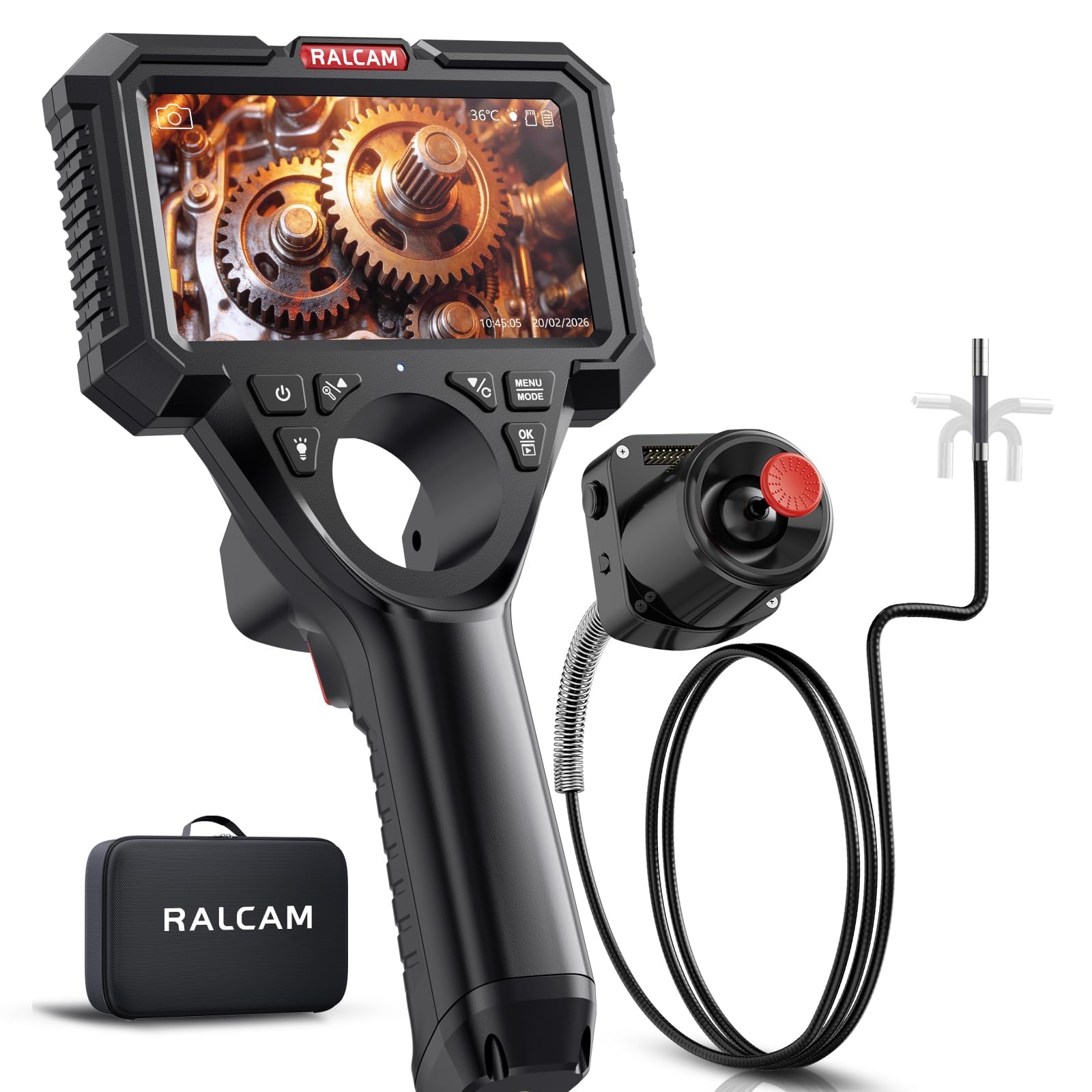 Ralcam Cámara Endoscópica Industrial con Cable de Serpiente Reemplazable, Pantalla HD de 5", Sonda Articulada 4 Vías y Joystick SUS304, Cámara 6,2 mm, Cable Impermeable, 1,5 m para Autos y Tuberías