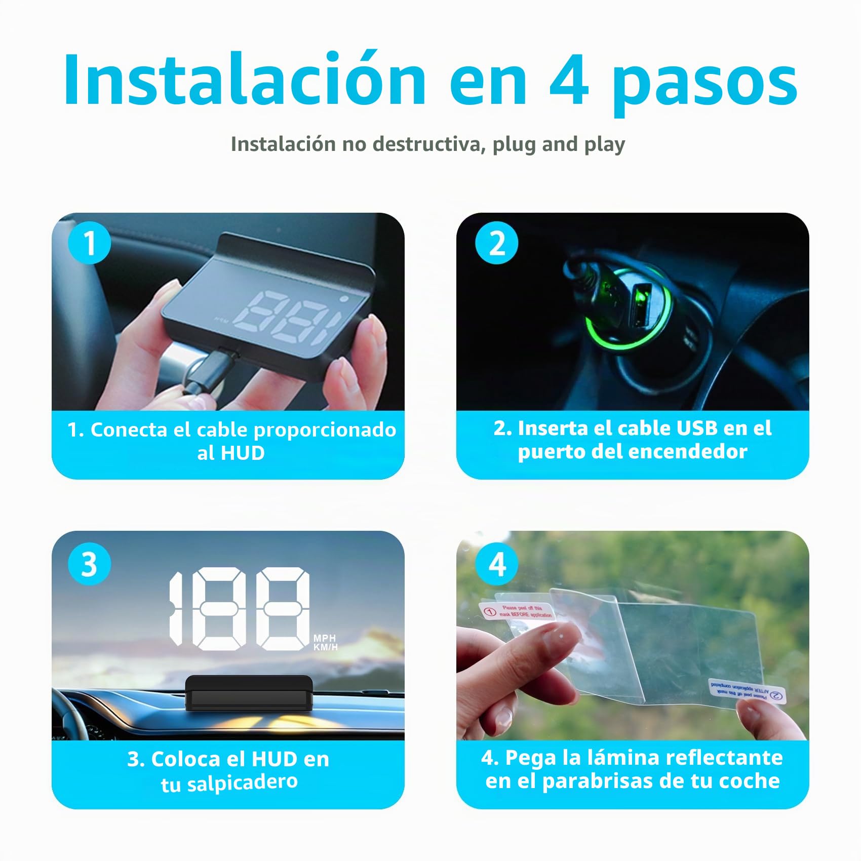 Pantalla frontal para coches, HUD de coche, pantalla frontal para coche, pantalla HUD, cable USB Plug and Play, ajuste automático de brillo, pantalla de fuente grande