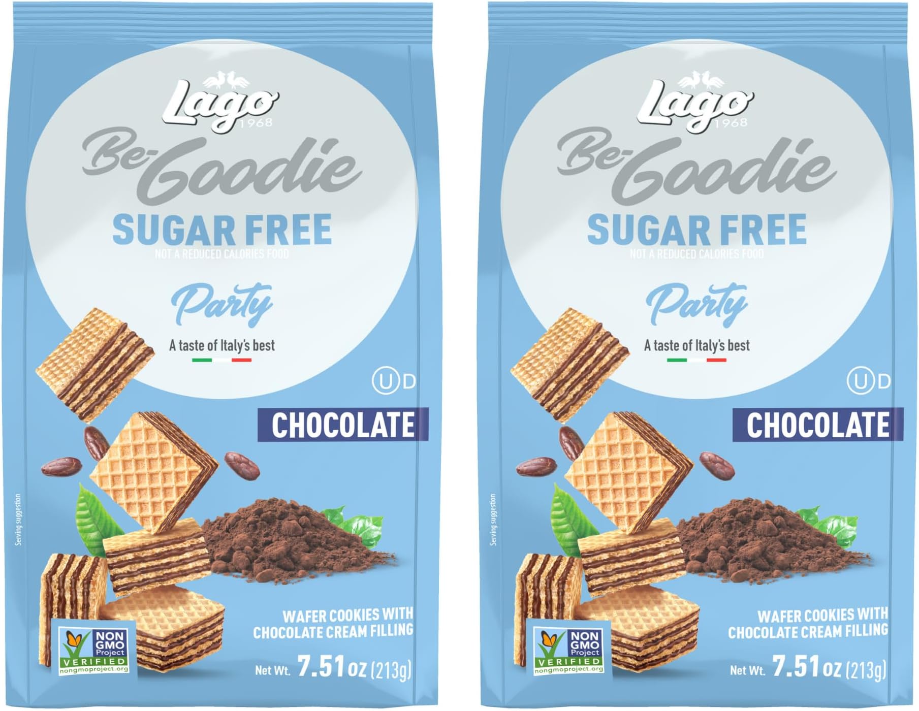 Gastone Lago Party Wafers Cookies, Chocolate Sugar Free โ 7.5 oz Each (2-Pack) | Italian Crispy Wafer Cookies with Creamy Chocolate Filling