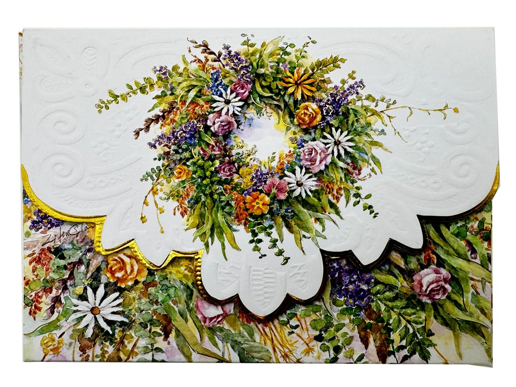 Poster Foundry Wreath Boxed Note Cards by Carol Wilson. 10 embossed 4x5 Die-Cut Notecards and Matching Envelopes in Decorative Gift Box with Magnetic Flap. NCP2133