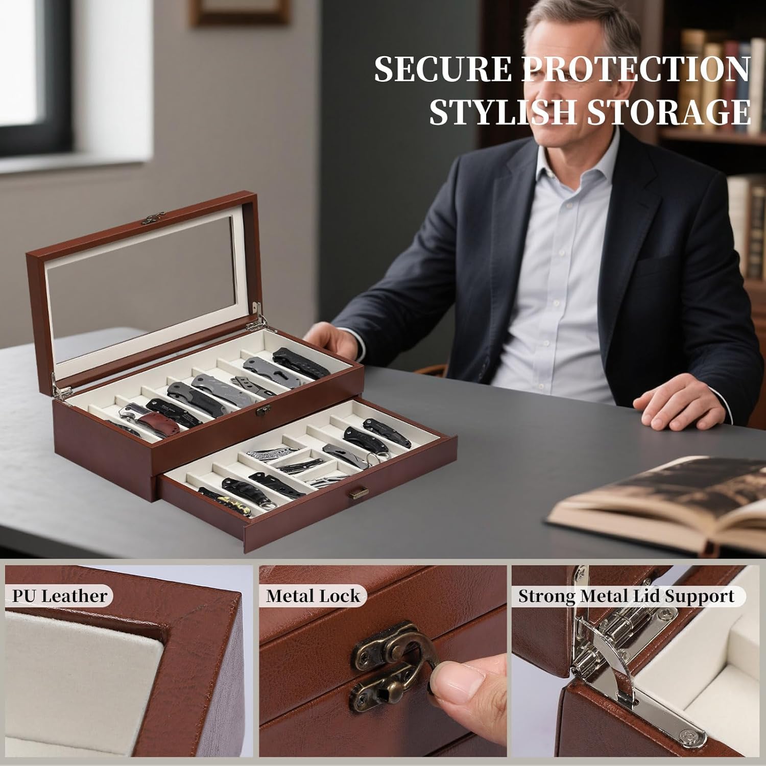 AUTOARK 2-Tier PU Leather & Velvet Knife Organizer with 17 Slots,Transparent Glass Top & Drawer,Compact Storage for Pocket Knives,Perfect for Men's Collections & Gifts,Brown,MKAW017