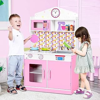 MAT EXPERT Kids Kitchen Playset, Wooden Chef Pretend Toy Kitchen w/Removable Sink, Cookware Accessories, Microwave, Storage Cabinet, Play Kitchen for Toddlers, Gift for Boys & Girls Age 3+