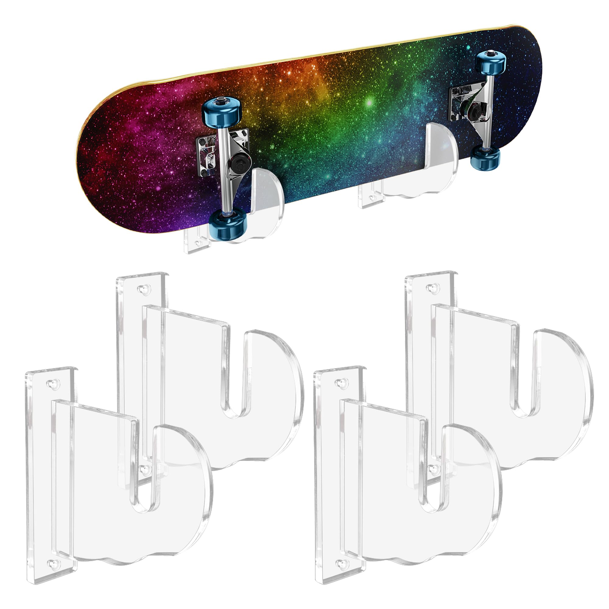 BiJun Skateboard- und Snowboard-Wandhalterung - Acryl, Horizontale Halterung, Aufbewahrung, Aufhänger (Transparent, 4 Stück)