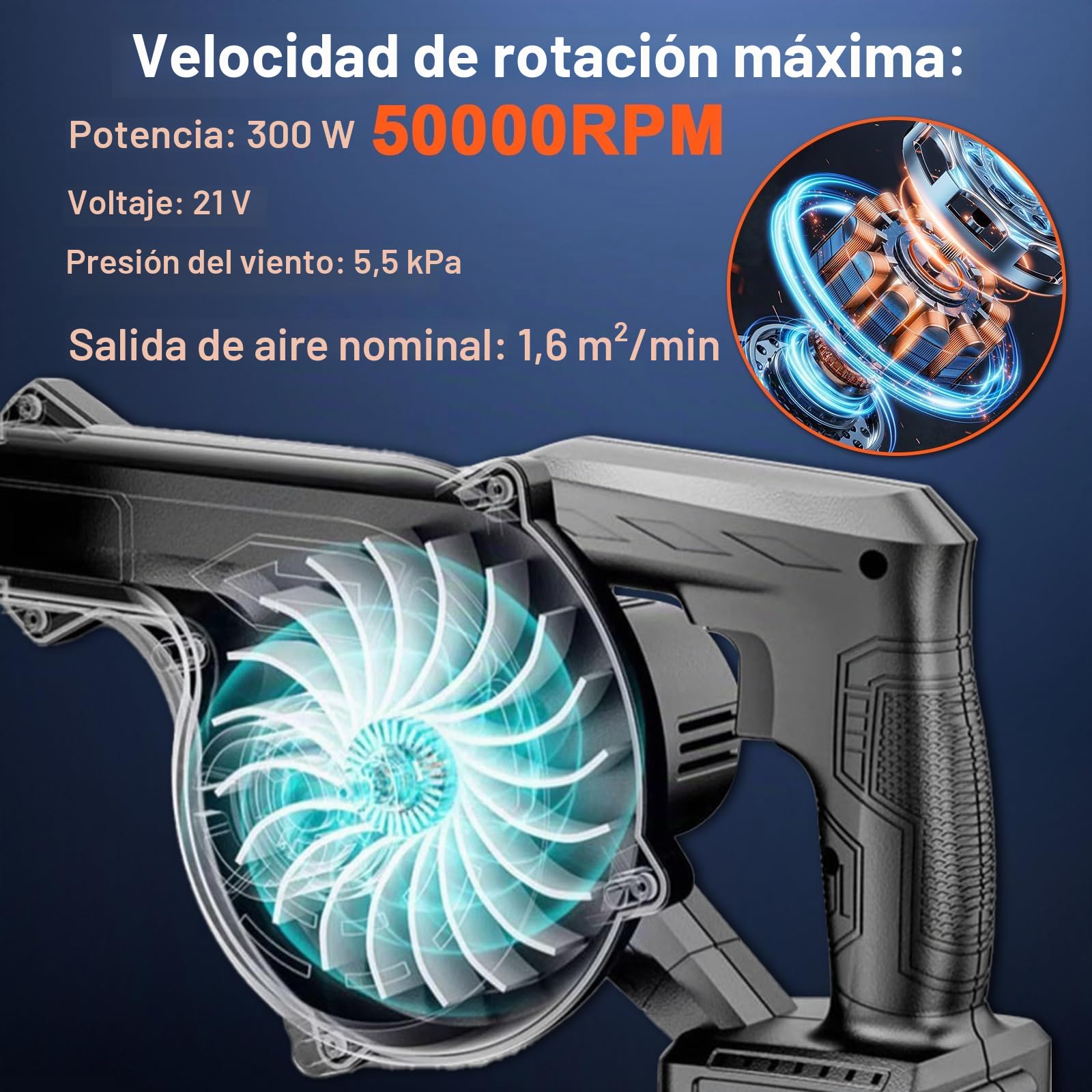 21V Soplador de Hojas con 2 * 3000 mAh Baterías Cargador, Soplador de Hojas Industrial, 18000 TRS/min 4.8m/s, Inalámbrico Sopladora Electrica para Jardín Patio