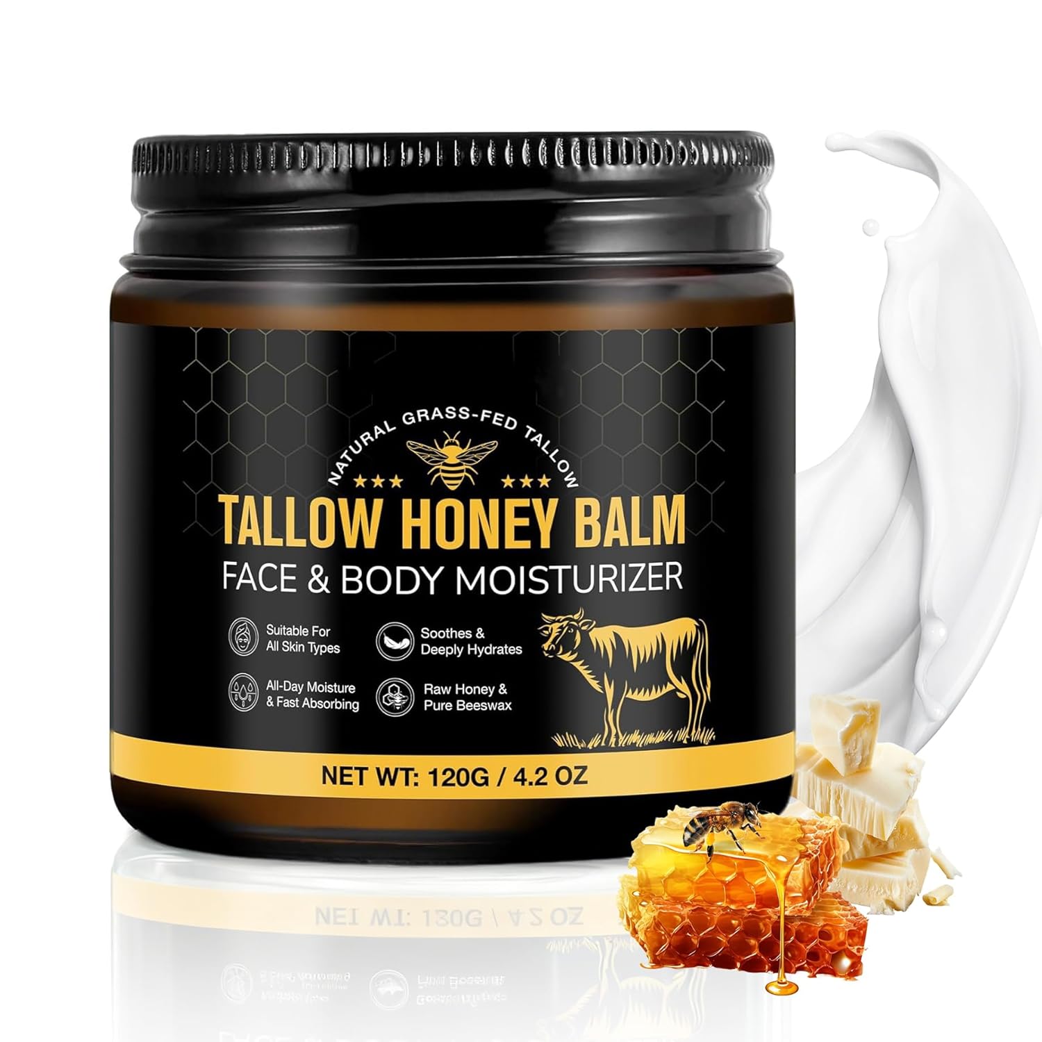 Tallow Honey Balm (4.2 OZ)-Natural Formula with Organic Grass-Fed Beef Tallow & Raw Wild Honey,Moisturizer& Non-Greasy Hydration for Face and Body