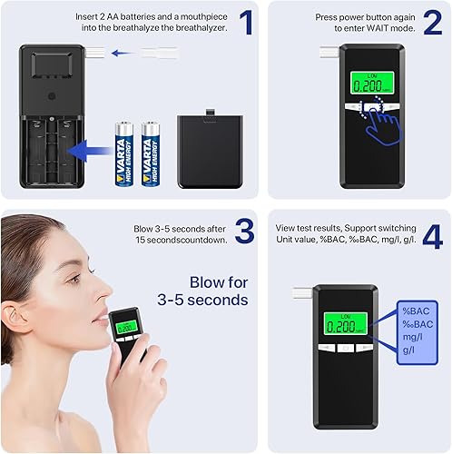 Miniatura 4 de Alcoholímetro, probador de alcohol de precisión de grado profesional con pantalla LCD digital azul para uso doméstico o de fiesta con 10 boquillas