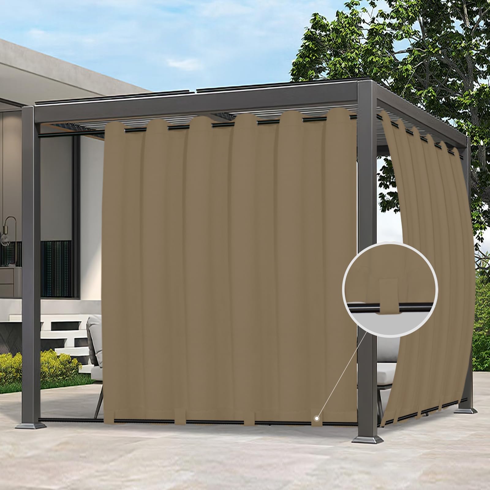 Easy-Going Outdoor Curtains Waterproof Windproof Weatherproof Curtain for Patio, Cabana, Porch, Pergola and Gazebo, Grommet Top and Tab Bottom Drape, 1 Panel, 110x108 inch, Khaki