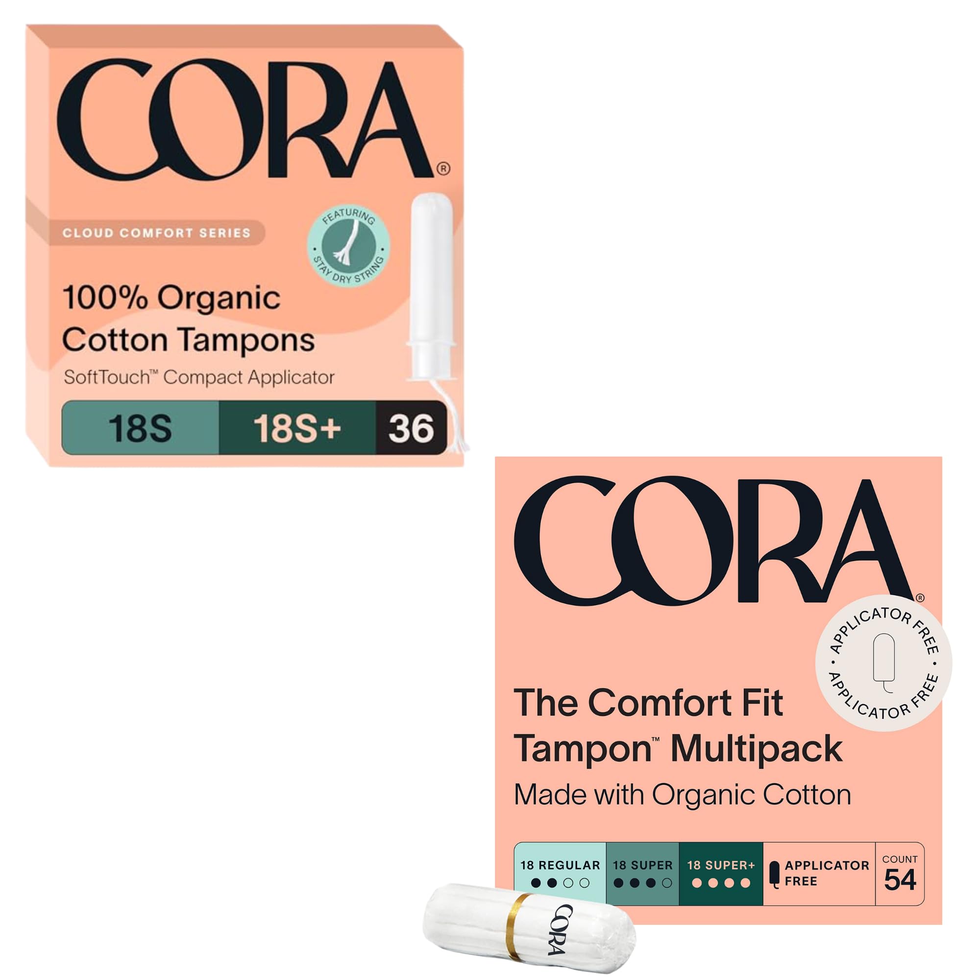 Cora Organic Feminine Care Applicator and Non-Applicator Tampon Packs Ultra-Absorbent Unscented Natural Non-Toxic 18 Regular 36 Super 36