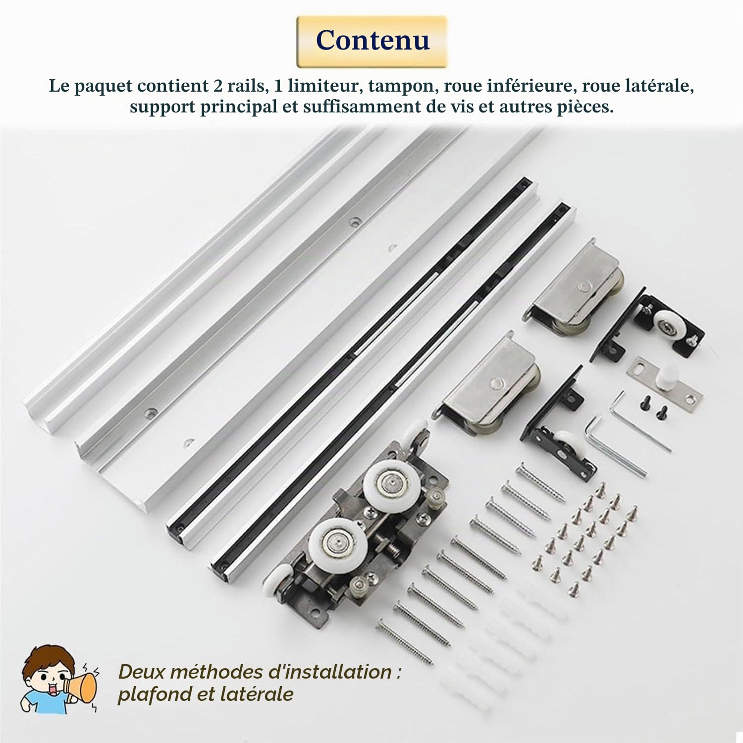 Kit de porte coulissante Kit de matériel de porte de grange caché 3.9-4.9-5.9 ft, jeu de porte coulissante invisible sans voie pour salle de bains/armoires, porte de poche de piste cachée,1.2m/3.9ft