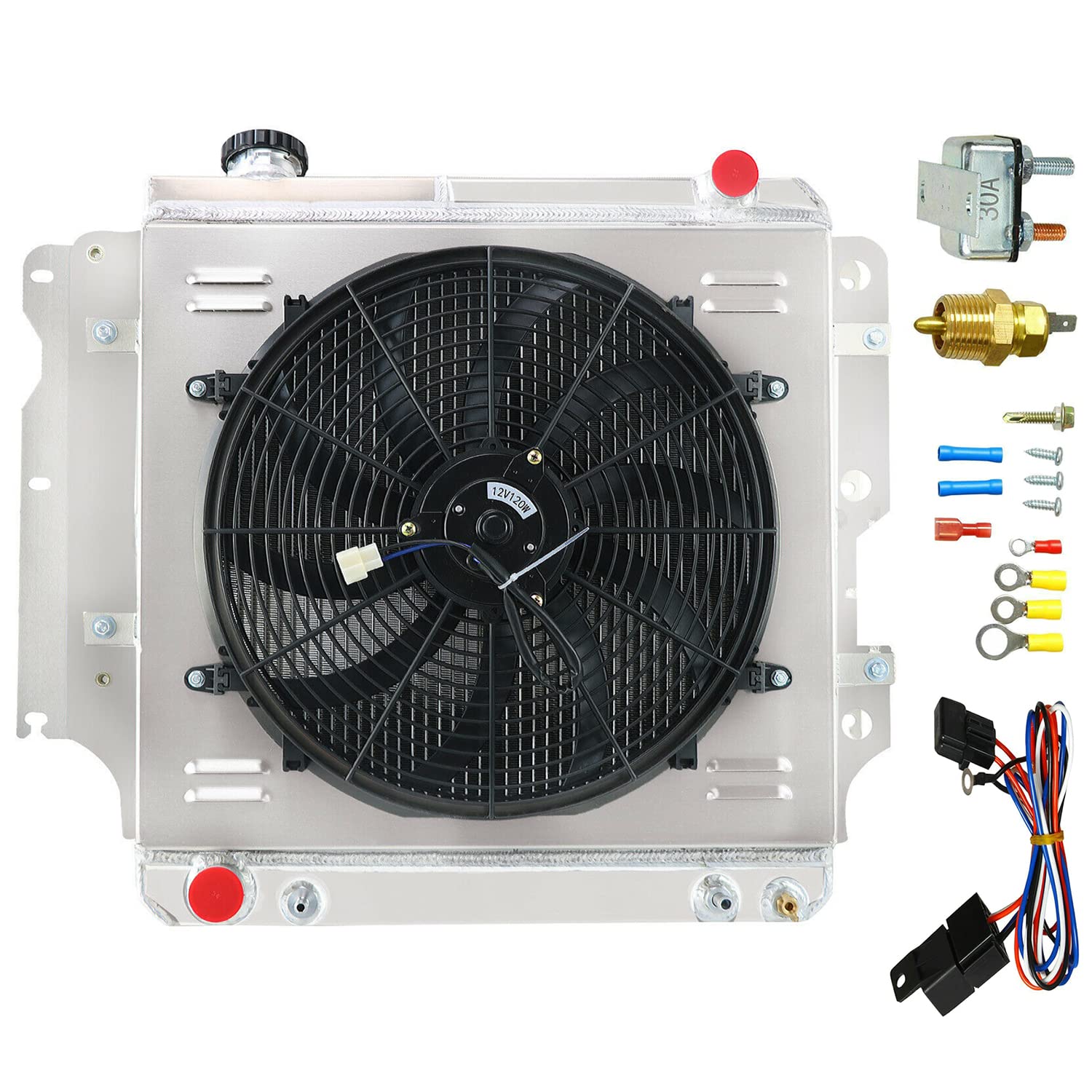 CoolingMaster Aluminum Radiator Compatible with Jeep Wrangler YJ TJ 1987-2006 2.4L 2.5 4.0 4.2L 4 Row Aluminum Radiator with Electric Fan Relay