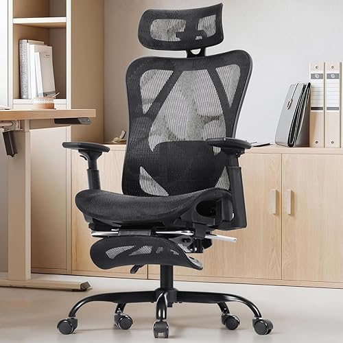 HOOBRO Silla de Oficina Ergonómica, Silla de Escritorio de Computadora de Oficina con Reposapiés, Respaldo con Soporte Lumbar Reposabrazos 3D