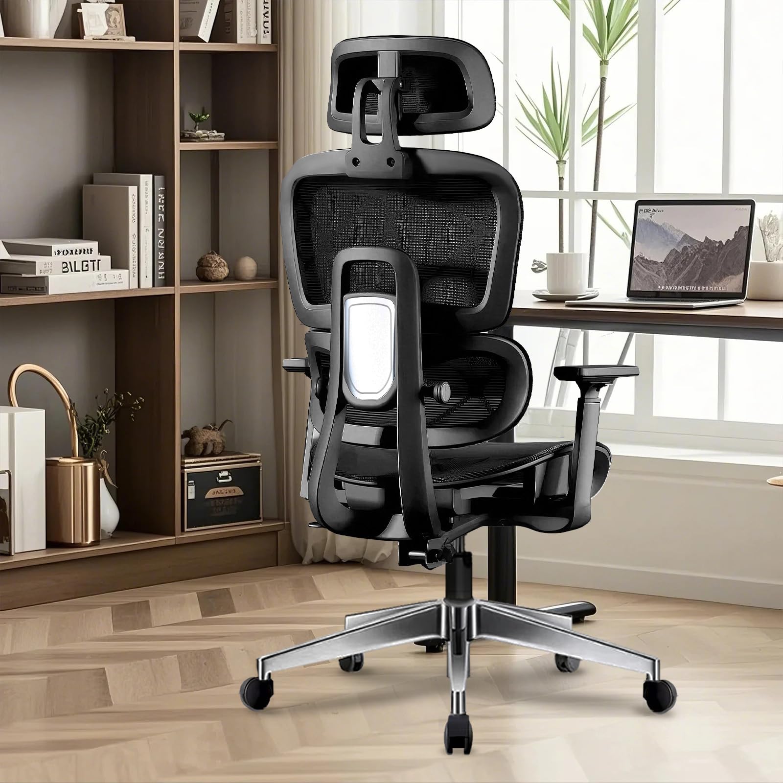 Silla de Oficina Ergonómica,Silla de Escritorio de Respaldo Alto con Soporte Lumbar 3 Niveles y Reposacabezas Ajustable,Silla de Computadora en Malla Giratoria Ajustable en Altura(Negro)